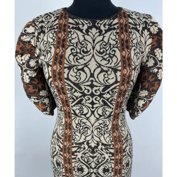 Flying Tomato Size Large Jacquard Metallic Sweater Dress Puff Sleeves Baroque - Picture 2 of 14